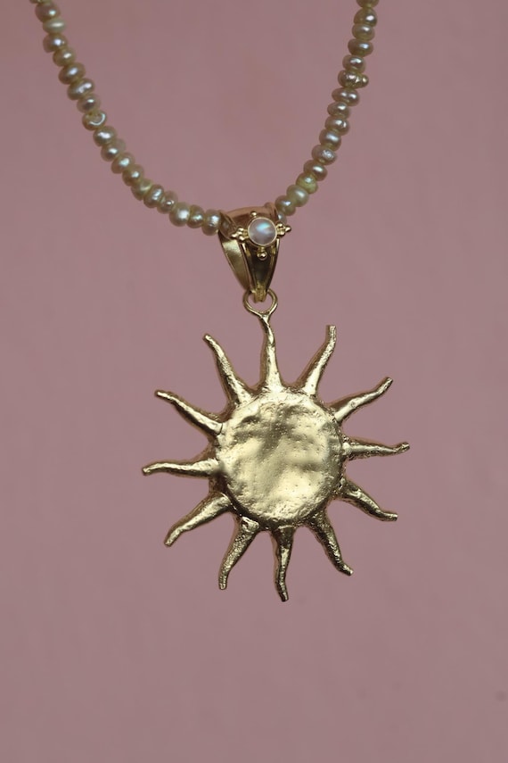 Sun Necklace 14K Gold Vermeil Statement Sun Burst Necklace Pearl Chain Hand Made Jewelry Boho Style Rainbow Moonstone Gemstone Jewelry Gifts