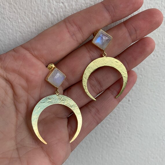 Rainbow Moonstone Earrings with Gold-plated Sterling Silver Half Moon Shape Rainbow Moonstone Earrings with Gold-plated Sterling Silver Half Moon Shape
