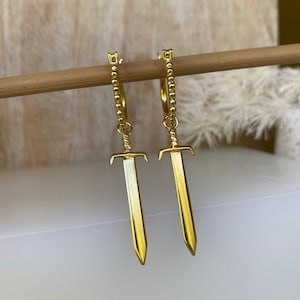 Sierra Sword 14K Gold Plated Sterling Silver Earrings Charm Hoop Earrings, Gold Hoops with Sword Charms, Detachable Charm Hoop Earrings