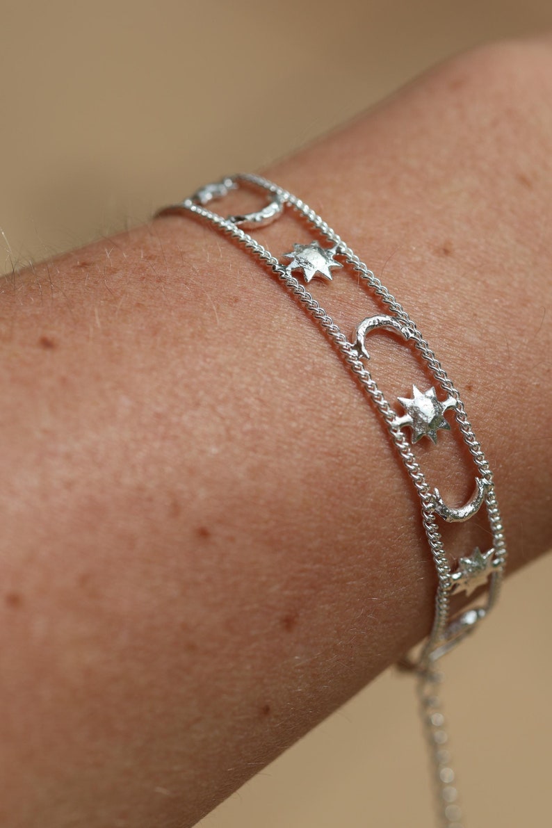 Sun and Moon Sterling Silver Bracelet Fine Cosmic Jewelry Bracelet with Sun and Moons Celestial Jewelry Hand Made Delicate Bracelets Bridal