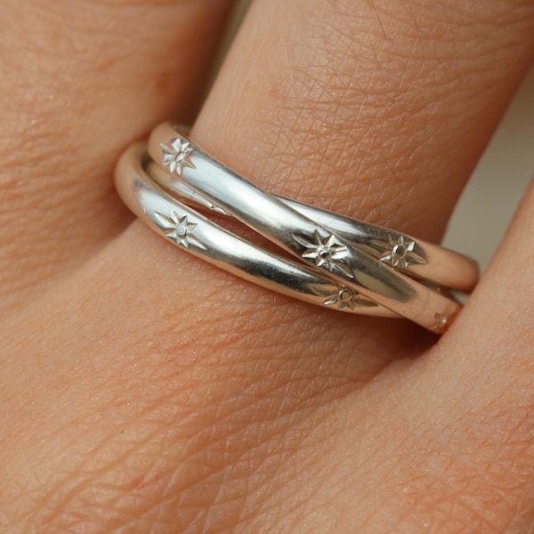 Anillo de estrella de plata entrelazada, anillo de triple banda, anillo de bodas ruso, joyería con estrellas grabadas, anillo cósmico unisex, joyería de plata esterlina, regalos