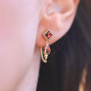 Gold Garnet Earrings Square Red Stone Chain Studs Occasion Jewelry Boho Chic Studs Pear Stone Dangling Chain 14K Gold Vermeil Jewelry