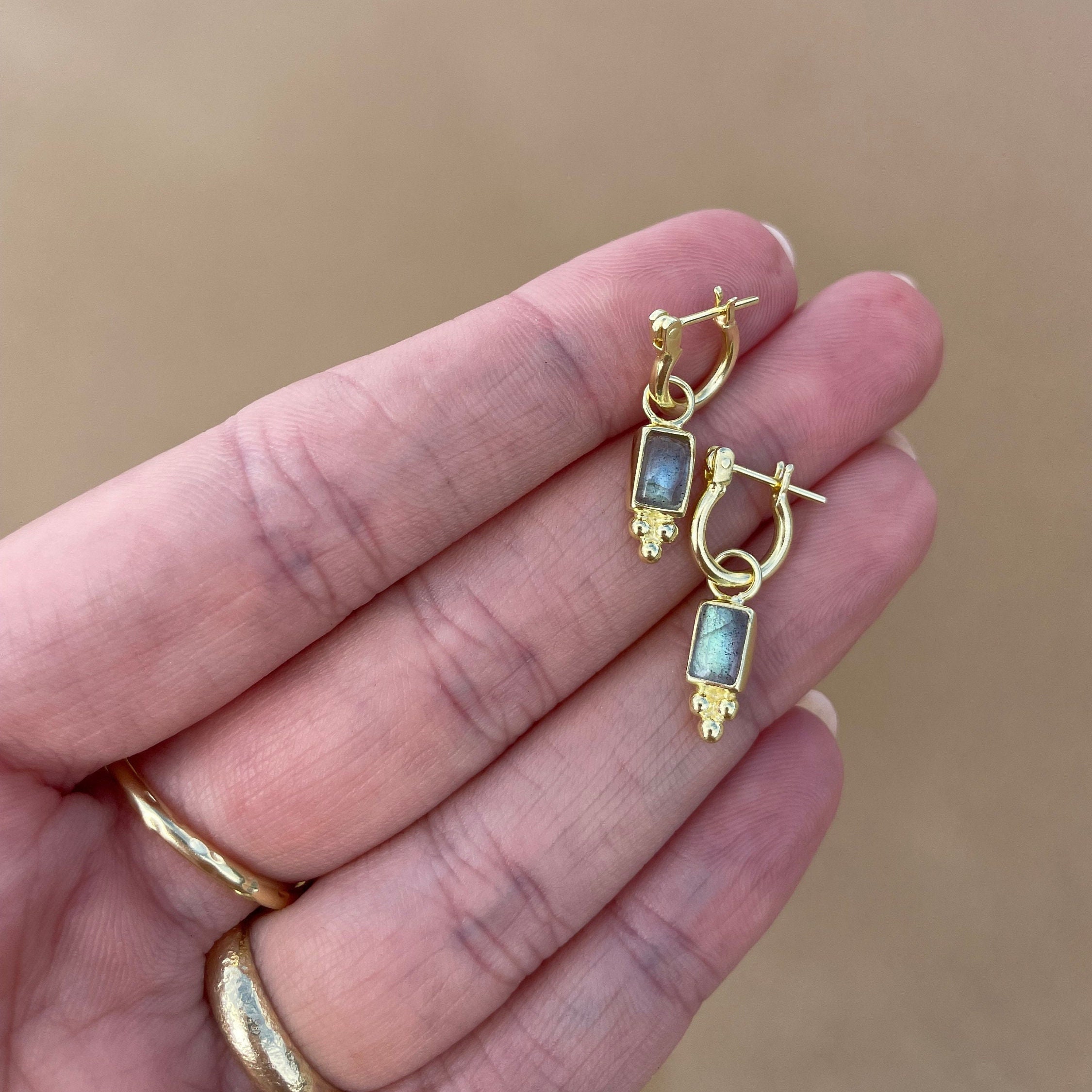 Labradorite Hoop Earrings Gold Vermeil Mini Hoop Earrings 1cm Gold Hoops Labradorite Jewelry Green Gemstone Earrings with Detachable Charms