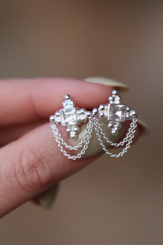 Boucles D'oreilles Pendantes En Argent Avec Topaze Blanche - Neuf Sans Emballage - Très Belles !