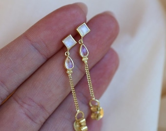 Kalani 14K Gold Vermeil Rainbow Moonstone Delicate Wrap around Studs Gold Wrap Unique Studs Rainbow Moonstone Jewelry Gifts June Birthstone