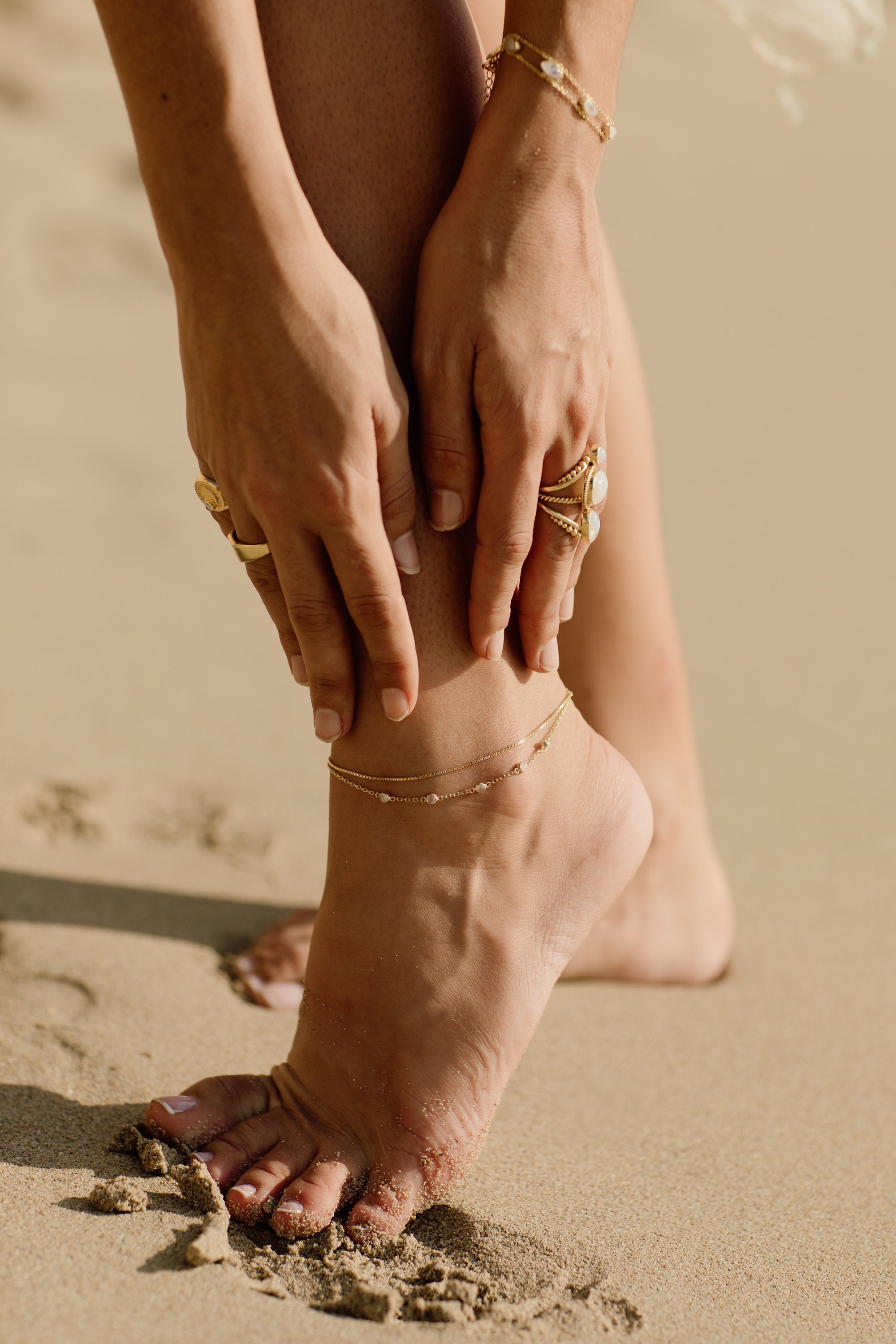 Cleo 14K Gold Moonstone Anklet, Fine Dainty Double Chained Anklet, June Birthstone, Boho Dainty Cute Two Layers Gold Anklet, Gift for Her