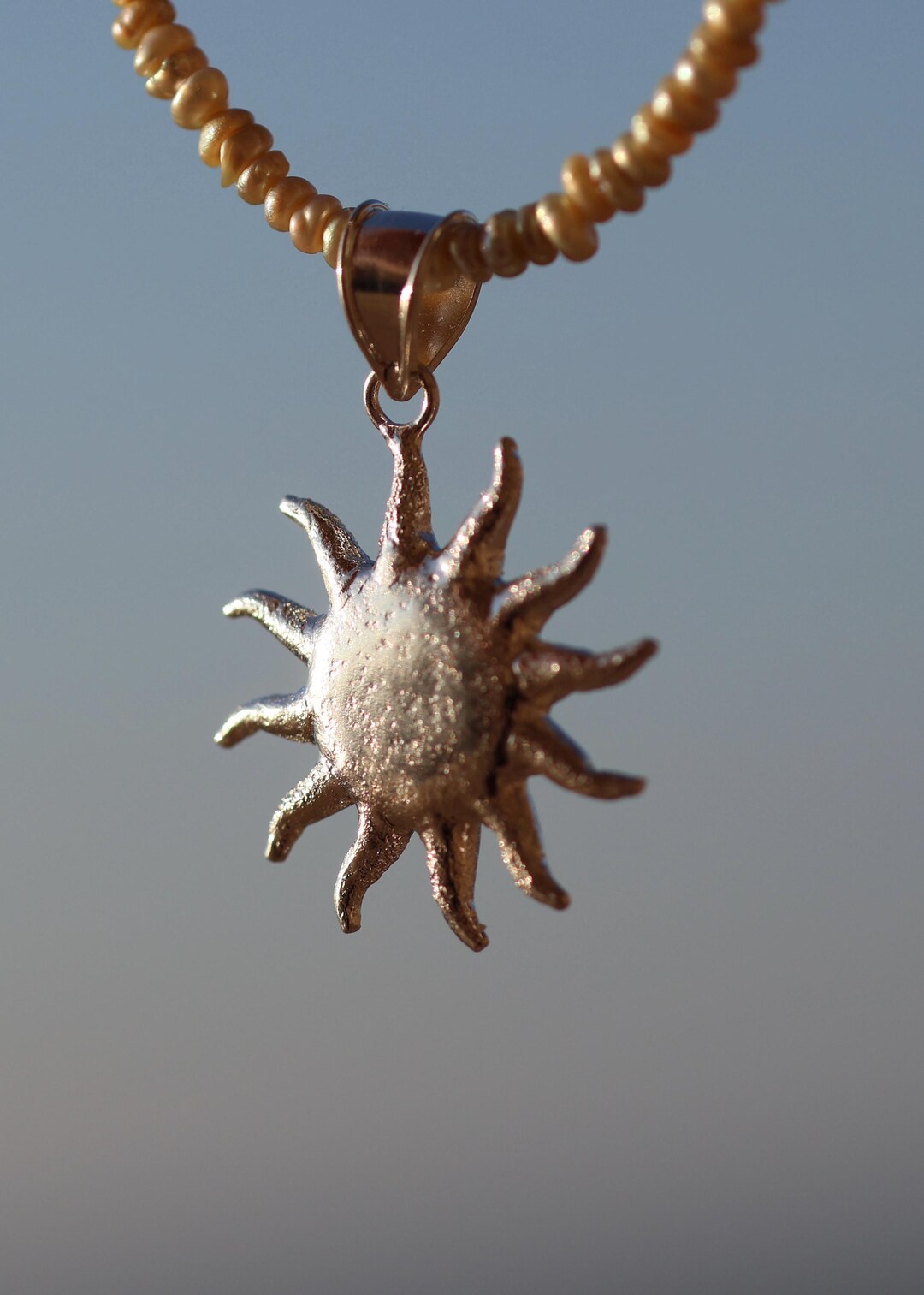 Silver Sun Necklace on Pearls Large Sterling Silver Sun Pendant Pastel ...