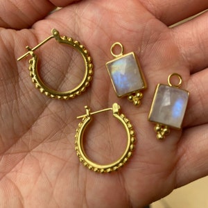 Thalia Studded Hoops Earrings with Rainbow Moonstone Rectangle Charm Earrings, 14K Gold Plated, Bridesmaids Moonstone Jewelry, Gifts for her
