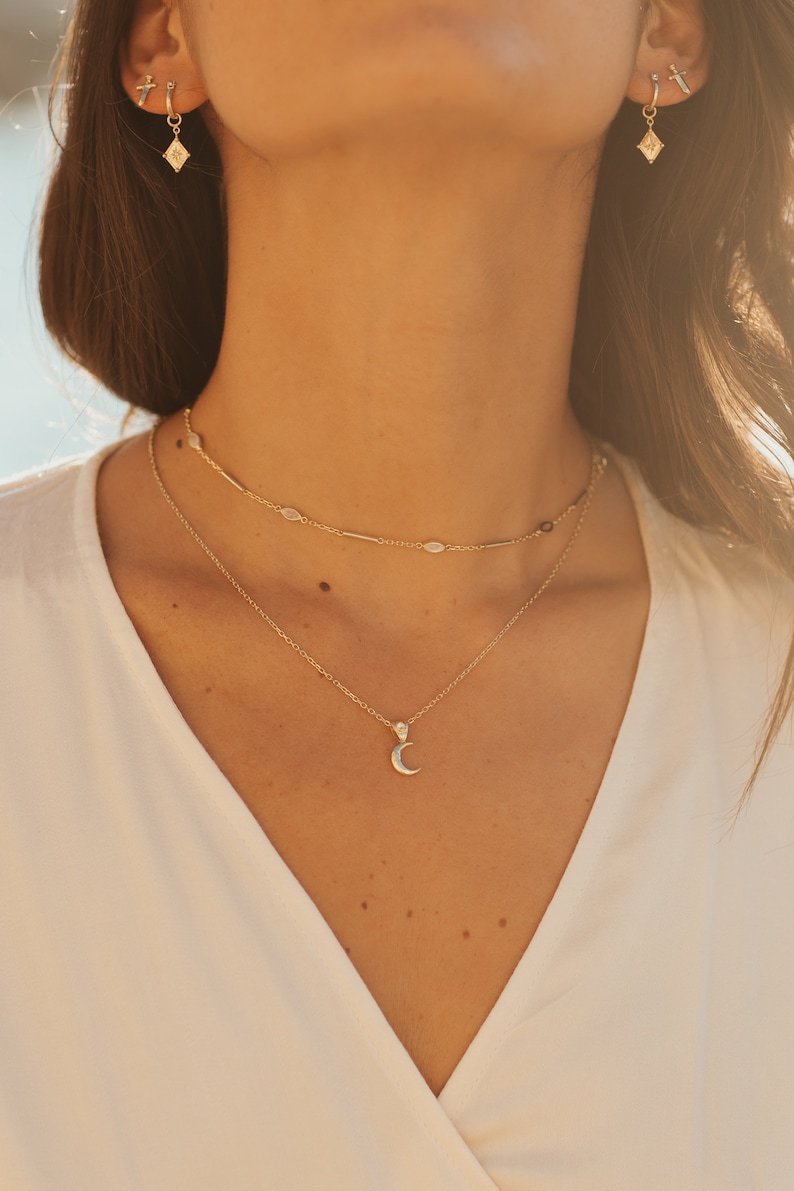 La Luna 14K Gold necklace, Tiny Gold Crescent Moon Jewelry, Fine Dainty Gold Moonstone Necklace, Minimal moon necklaces, Moonstone Necklace image 5