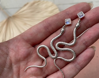Silver Medusa Earrings, Sterling Silver Earrings, Moonstone Snake Earrings, Snake Earrings, Serpent Earrings, Snake Dangle Earrings