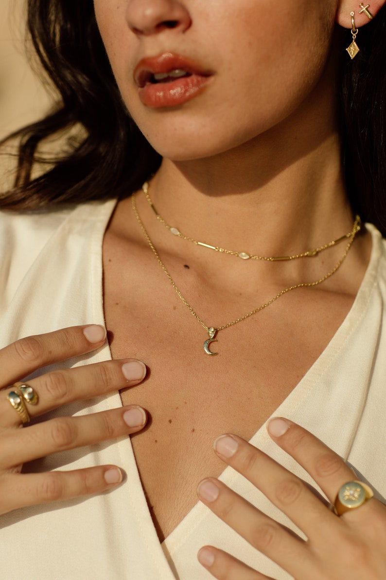 La Luna 14K Gold necklace, Tiny Gold Crescent Moon Jewelry, Fine Dainty Gold Moonstone Necklace, Minimal moon necklaces, Moonstone Necklace image 7