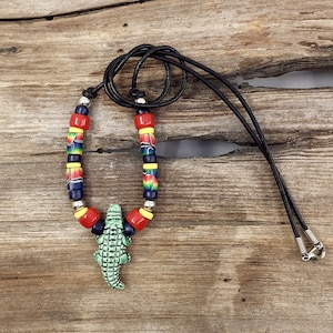Ceramic Alligator Necklace with Multicolor Fimo Beads Available in 18" 20" or 24" Length