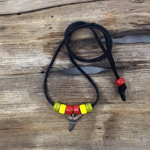 Fossilized Sand Tiger Shark Tooth Necklace Adjustable to 24&quot; on Black Suede with Red, Yellow and Chartreuse Glass Beads