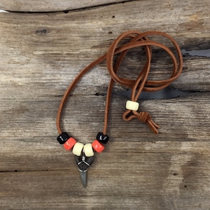 Fossilized Sand Tiger Shark Tooth Necklace Adjustable to 24&quot; on Mahogany Suede with Cream, Orange and Black Glass Beads