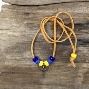 Fossilized Sand Tiger Shark Tooth Necklace Adjustable to 24&quot; on Marigold Suede with Yellow, Cornflower and Navy Glass Beads