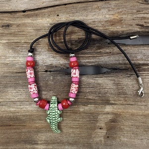 Ceramic Alligator Aloha Necklace with Red Frangipani Fimo Beads Available in 18&quot; 20&quot; or 24&quot; Length