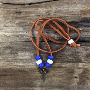 Sand Tiger Shark Tooth Necklace Adjustable to 24&quot; on Cinnamon Suede with Cornflower Blue and White Glass Beads