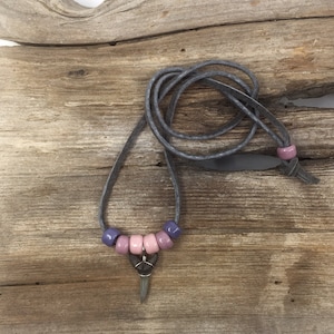 Fossilized Sand Tiger Shark Tooth Necklace Adjustable to 24&quot; on Gray Suede with Dusty Pink, Mauve and Purple Glass Beads