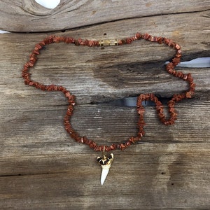 Beautiful Burnished Modern Mako Shark Tooth on a Goldstone Gemstone Necklace 18&quot;