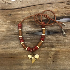 Moroccan Mackerel Fossil Shark Tooth Necklace Accented with Bone, Horn, Vintage Teak and Glass Beads