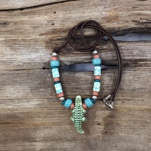 Ceramic Alligator Aloha Necklace with Aqua Frangipani Fimo Beads Available in 18&quot; 20&quot; or 24&quot; Length