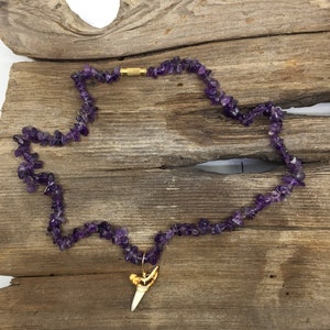 Beautiful Burnished Modern Mako Shark Tooth on a Deep Rich Amethyst Gemstone Necklace 18&quot;