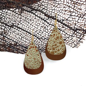 Soft Mossy Sage Green with Splashes of Gleaming Gold Handcrafted Leather Teardrop Earrings 2.5&quot;