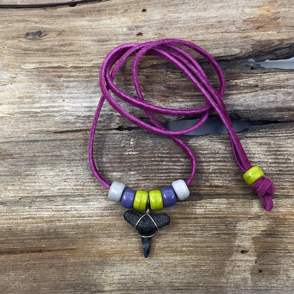 Unusual Mottled Lemon Shark Tooth Necklace Adjustable to 24" on Violet Suede with Chartreuse, Dusty Purple and Gray Glass Beads