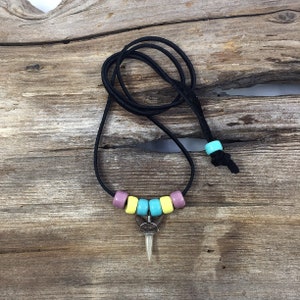 Fossilized Sand Tiger Shark Tooth Necklace Adjustable to 24&quot; on Black Suede with Teal Blue, Pale Yellow and Mauve Glass Beads