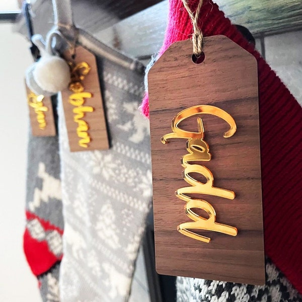 Custom 3D Christmas Stocking or Gift Tags, Personalized Metallic + Wood, Hanging Name Tag for Christmas Socks, Xmas Mantle Decor