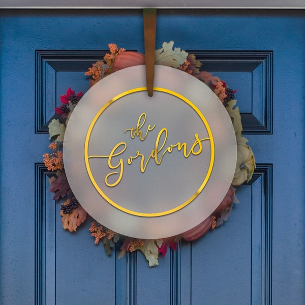 Cintre de porte 3D personnalisé, accent de couronne de bienvenue de nom de famille, décor de porche d’automne, décor de porte de cadeau de mariage - Miroir doré sur acrylique givré