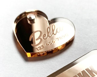 Custom Mirror or Wood Pet Tag, Personalized Cat and Dog Pet ID Tags, Pet Gift, Customized Lost Pet Tag, Rose gold, Gold, Silver Mirror