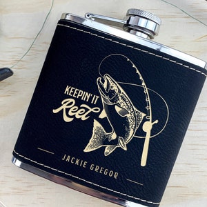 Custom Engraved Fishing Flask, Personalized Fishing Gift, Fishing gifts for men and women - Leather Aluminum "Keepin it Reel"