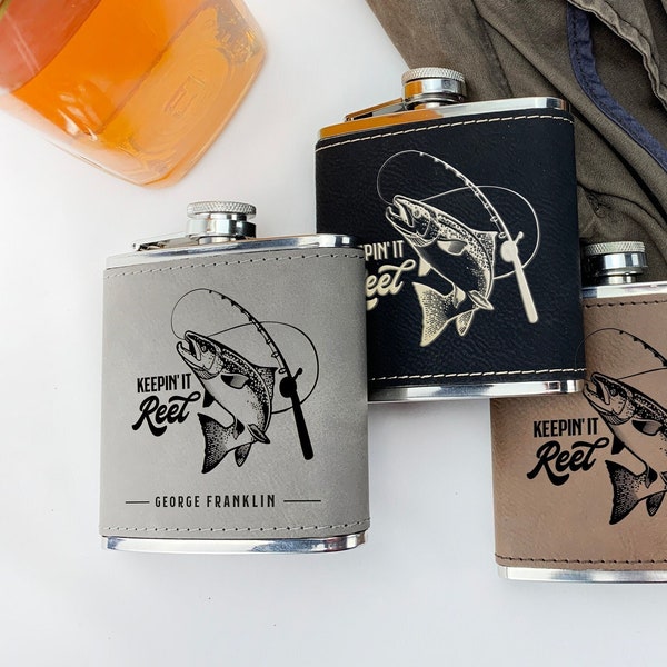 Custom Engraved Flask, Personalized Fishing Gift, Fisherman Gifts - Cruelty-Free Leatherette or Anodized Aluminum "Keepin it Reel"