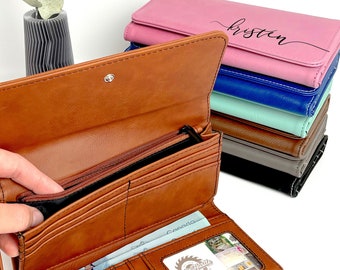 Custom Engraved Women's Clutch Wallet, Personalized Wedding Party Gift, Stocking Stuffer - Cruelty-Free Leatherette