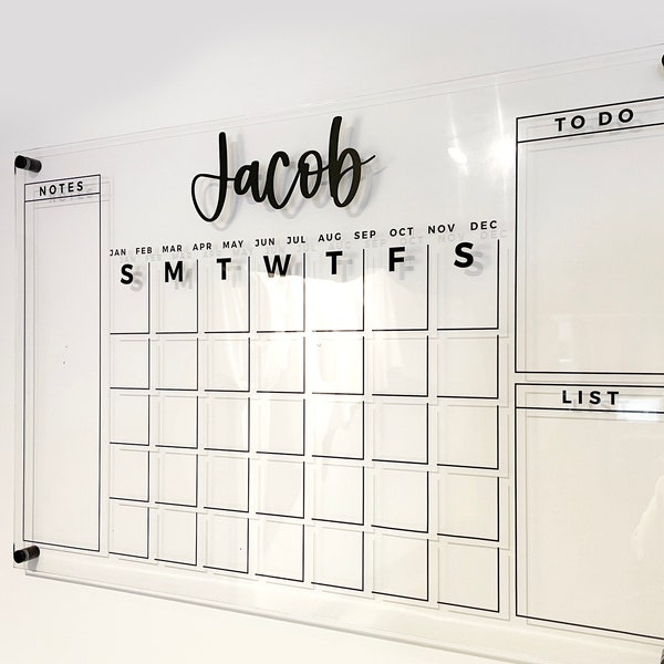 Acrylic Calendar with 3D Name - Dry Erase Perpetual Monthly Bulletin Board with Notes and Task To Do List, Custom Personalized