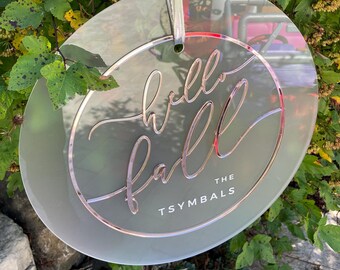 Custom 'Hello Fall' Family Name, Front Door Hanger, Minimalistic Wreath 3D Mirror Text