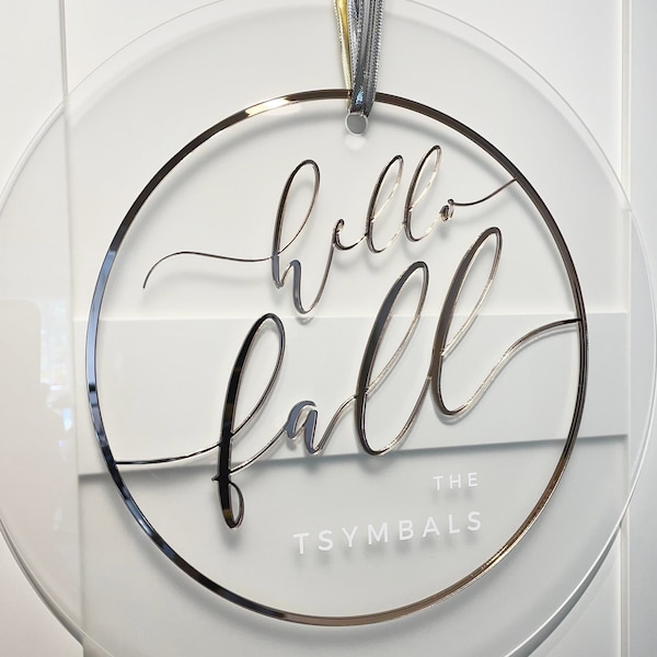 Custom 3D Door Hanger, Hello Fall Wreath Accent, Fall Autumn porch decor, halloween door decor- Gold Mirror on Frosted Acrylic
