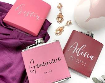 Custom Engraved Flask, Personalized Wedding Party Gift, Bachelorette Party Gift - Cruelty-Free Leatherette or Anodized Aluminum