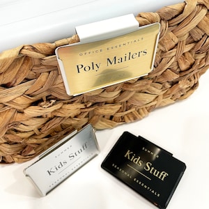 Basket Clips + Labels for Home Organization - Rectangular Metallic Waterproof, Washable Kitchen Pantry Labels, Laser Engraved, Permanent