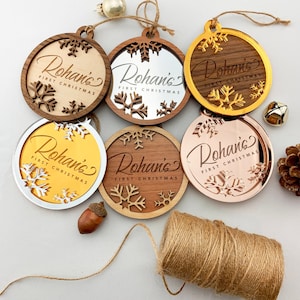 Baby's First Christmas Ornament, Snowflake Wood or Mirror Acrylic Custom Engraved Ornament Decoration Country Holiday Decor