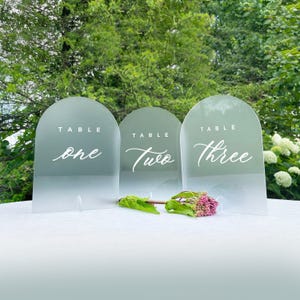 May include: Three arched, frosted acrylic table signs featuring white printed text. The signs are labeled Table one, Table two, and Table three in a combination of block and script lettering. A small cluster of pink flowers rests in front.