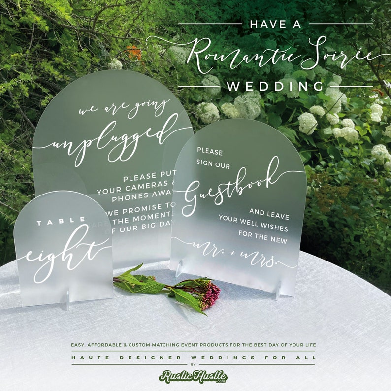 Wedding Table Signage, Unplugged Ceremony, Guestbook, Table Numbers, Cards and Gifts, Open Bar, etc. on Frosted Acrylic ROMANTIC SOIREE image 4
