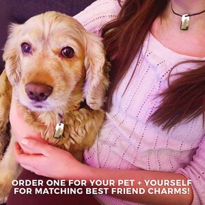 May include: A golden Cocker Spaniel dog with a matching tag and a person wearing a matching pendant. The dog is being held by a person wearing a white sweater. The text on the image says, "ORDER ONE FOR YOUR PET + YOURSELF FOR MATCHING BEST FRIEND CHARMS!"