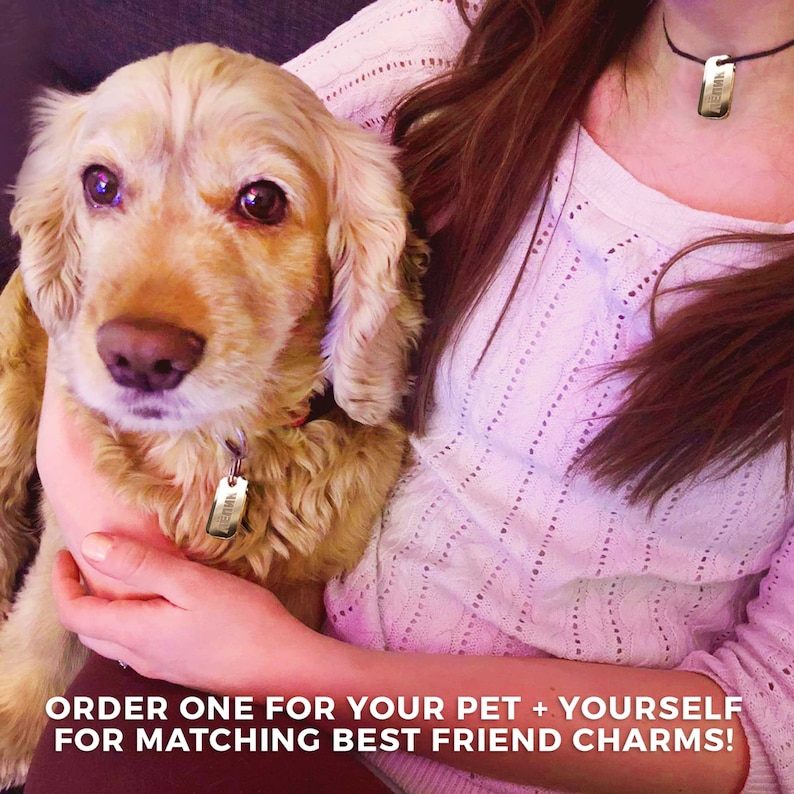 May include: A golden Cocker Spaniel dog with a matching tag and a person wearing a matching pendant. The dog is being held by a person wearing a white sweater. The text on the image says, "ORDER ONE FOR YOUR PET + YOURSELF FOR MATCHING BEST FRIEND CHARMS!"