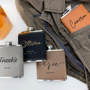 Custom Name Engraved Flask Wedding Party Gift - Cruelty-Free Vegan Leather / Aluminum