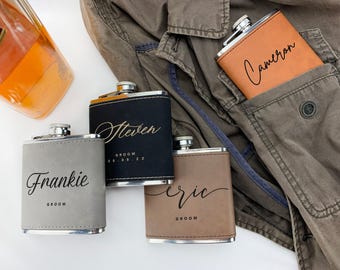 Custom Name Engraved Flask Wedding Party Gift - Cruelty-Free Vegan Leather / Aluminum