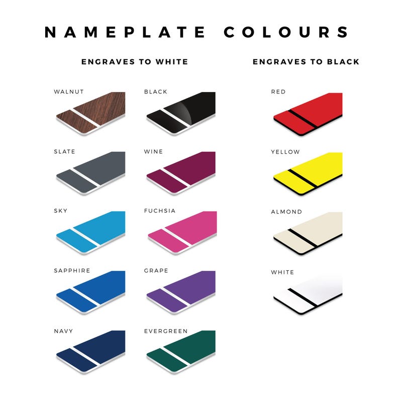 a color palette for engraving, with each color represented by a unique design or pattern. The colors are arranged in two columns, with the left column for engravings to white and the right column for engravings to black. The engravings are described in various styles, such as walnut, black, red, slate, wine, yellow, sky, fuchsia, almond, sapphire, grape, white, navy, and evergreen.