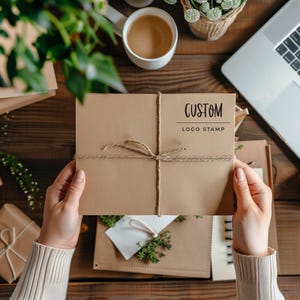 May include: A rectangular tan paper envelope tied with thin brown twine. The front of the envelope features the black printed text CUSTOM LOGO STAMP with a horizontal line separating the two words, centered on the upper right side of the paper.