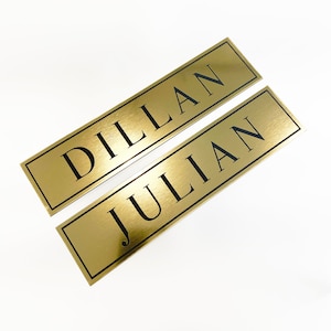 Custom Bedroom Door Nameplates, Cubby Nameplate, Office Name Plate, Personalized Varsity Gym Locker Labels Organized in Brushed Metallic